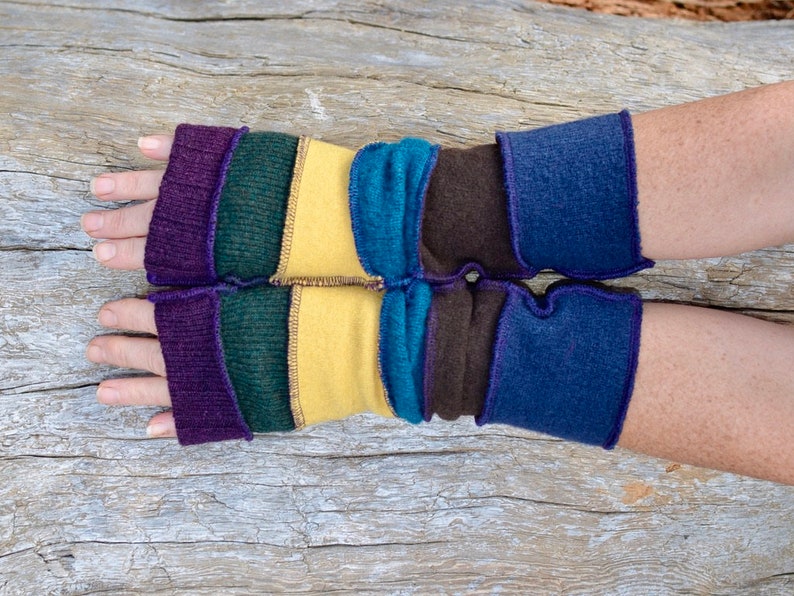 Beautiful, long multicoloured wristwarmers in beautiful merino wool and wool blend fabrics in eggplant, dijon mustard, forest green, blue image 1