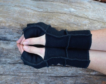 Basic black wristwarmers in wool and lambswool, made from repurposed sweaters, holiday gift for her, texting glove