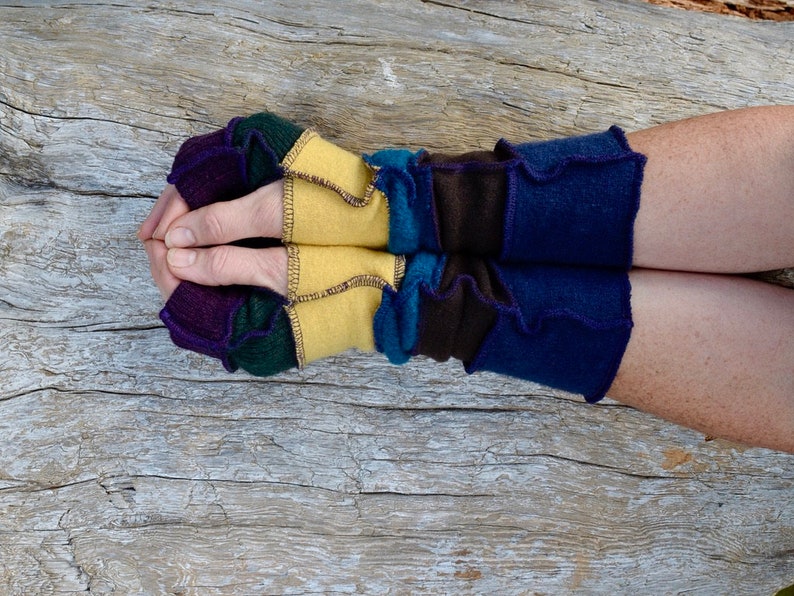 Beautiful, long multicoloured wristwarmers in beautiful merino wool and wool blend fabrics in eggplant, dijon mustard, forest green, blue image 2