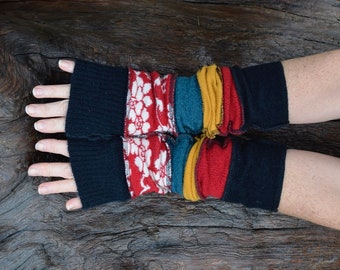 Beautiful wristwarmers made from repurposed sweaters, black, red, teal, mustard, floral, wool, vintage look, funky gloves, gift