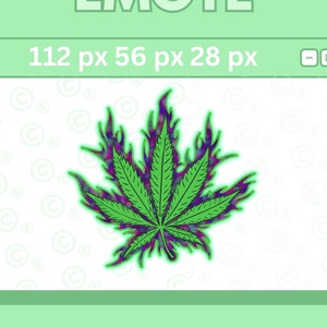 May include: A green marijuana leaf with purple and blue flames on a white background with a green border. The leaf is 112 pixels wide, 56 pixels tall, and 28 pixels deep.