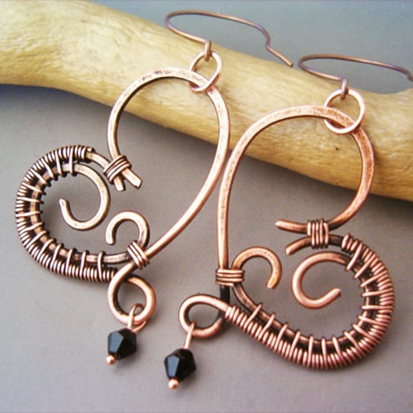 Wire Wrapped Heart Copper Earrings Free Shipping- wire wrapped jewelry handmade - wire wrapped Earrings handmade