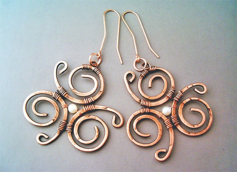 Wire Wrapped Earrings Hammered Copper Handmade Copper Etsy