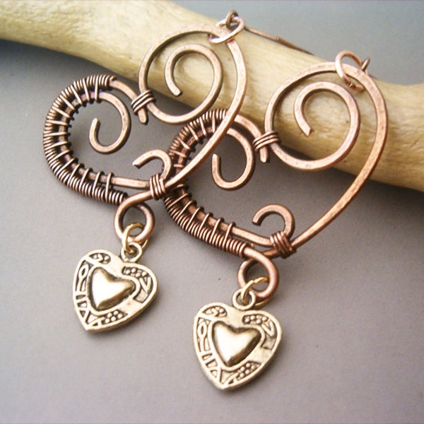 Wire Wrapped Heart Copper Earrings - wire wrapped jewelry handmade - wire wrapped Earrings handmade