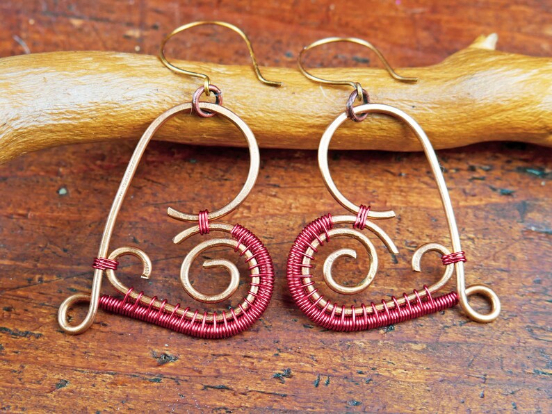 Wire Wrapped Heart Copper Earrings Wire Wrapped Jewelry Etsy