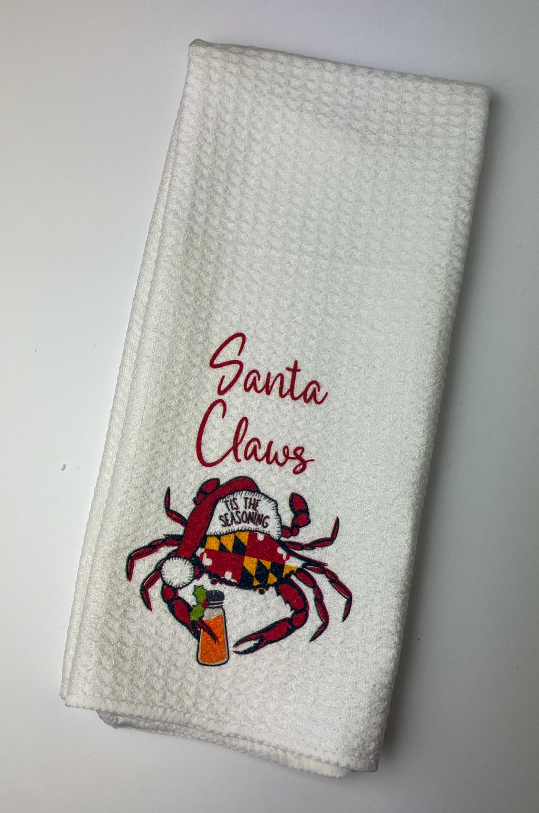 Santa Claws Maryland Crab Tea Towel Crab Santa Hat Old Bay Dish Towel