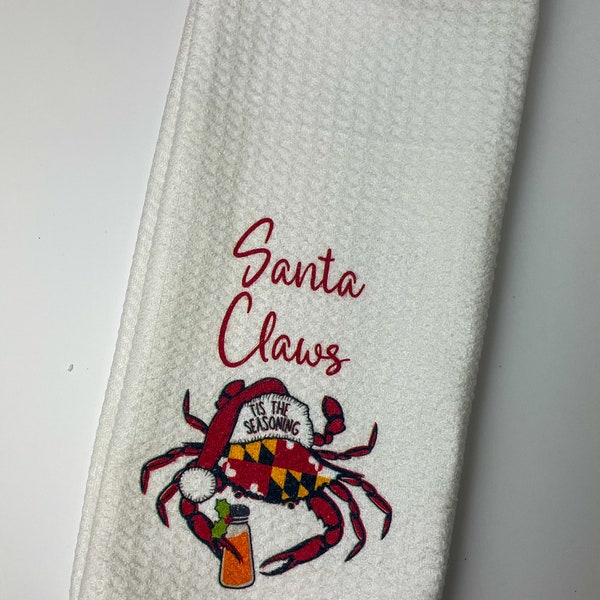 Santa Claws Maryland Crab Tea Towel | Crab Santa Hat | Old Bay | Dish Towel | 16''x24'' | Gift | Host Gift | Holidays