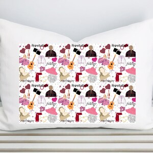 May include: White cushion featuring a repeating pattern of illustrations. The design includes a guitar, a pink hat, a red scarf, and the number 13. The words "reputation", "folklore", and "evermore" are also present.