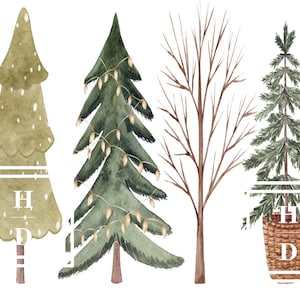 May include: A watercolour illustration featuring several Christmas trees and a bare tree against a white backdrop. Some trees are adorned with lights and baubles. The letters "H" and "D" are visible in white text on some of the trees.