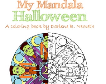 Mandala Coloring Pages, Mandala Halloween Coloring Book, 15 Adult Coloring Pages,  Gift for her under 20