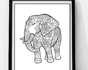 Elephant Coloring Page to Print and Color, Nature, Flowers, Adult Coloring Page. Elephant SVG