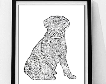 Sitting Dog Coloring Page, Zentangle, Custom Printable, Animal Wall Art,