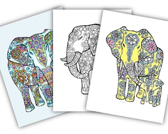 Elephants -3 Adult Coloring Pages: Instant Digital Download