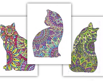 Cats-3 Adult Coloring Pages: Instant Digital Download Outline of a Cat Filled with Decorative Images