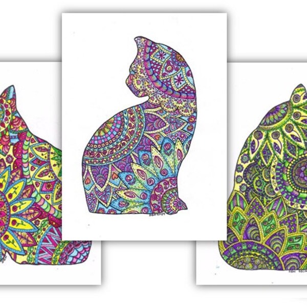 Cats-3 Adult Coloring Pages: Instant Digital Download Outline of a Cat Filled with Decorative Images