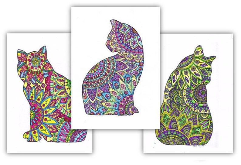 Cats-3 Adult Coloring Pages: Instant Digital Download Outline of a Cat Filled with Decorative Images 