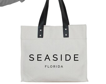 Custom Home City & State Market Tote Bag | Reusable Handbag with Leather Handle | Beach Bag | Shopping Tote | Gift for Her | Vacation bag