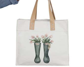Tulip Boots Market Tote | Spring Tote Bag | Reusable Grocery Shopping Bag | Canvas Tote Bag | Market Bag