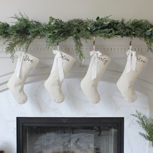 Personalized Bow Christmas Stockings | Custom Natural Linen Xmas Stocking with Bow | Neutral Family Christmas Stocking | Farmhouse Stockings