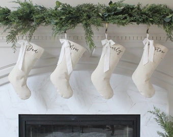 Personalized Bow Christmas Stockings | Custom Natural Linen Xmas Stocking with Bow | Neutral Family Christmas Stocking | Farmhouse Stockings