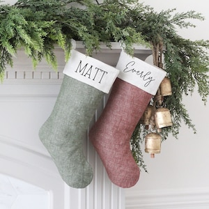 Christmas Stocking Personalized | Customized Name Stockings | Red Stocking | Green Stocking | Stonewashed Linen Stocking | Custom Xmas Sock
