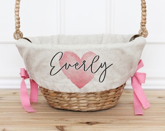 Personalized Valentine's Day Gift Basket Liner with Pink Ribbon • Custom Valentine's Day Gift Basket for Kids • Valentine's Day Gift Basket