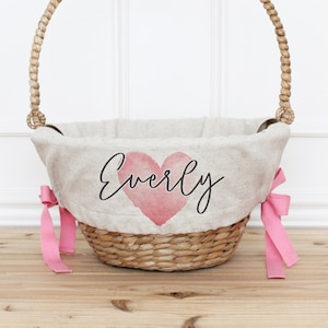 Personalized Valentine&#39;s Day Gift Basket Liner with Pink Ribbon • Custom Valentine&#39;s Day Gift Basket for Kids • Valentine&#39;s Day Gift Basket