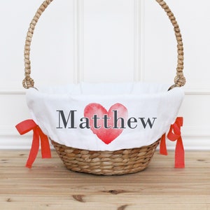 Custom Valentine&#39;s Day Gift Basket Liner with Red Ribbon for Girl or Boy | Personalized Name Gift Basket for Kids | Valentine Basket Liner