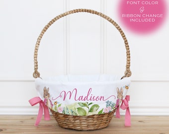 Personalized Girl Easter Basket Liner with Pink Ribbon and Font • Custom Easter Basket Gift for Kids • Easter Bunny Basket Keepsake | Flopsy