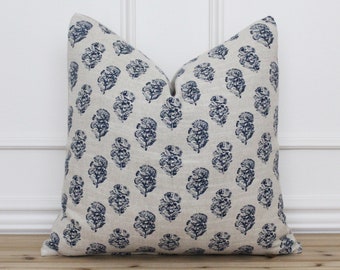 Navy Blue Hand Block Pillow Cover | Floral Pillow Cover | Hand Blocked Pillow Cover | Spring Pillow | Hand Block Cushion Cover || Mallory