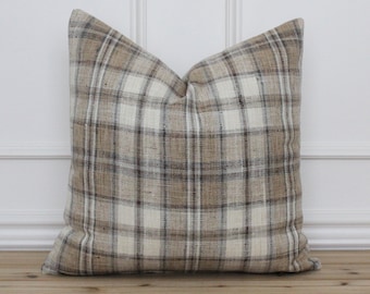 Brown Tan Plaid Pillow Cover | Fall Farmhouse Decorative Throw Cushion Case | 16x26 18x18 20x20 | Jasper