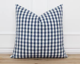 Blue Plaid Pillow Cover • Farmhouse Pillow Cover • Spring Pillow Cover • Traditional Designer Pillow • Handmade Throw Pillow Cover | Lincoln