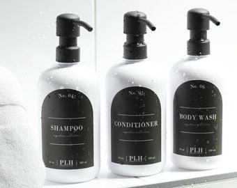 White Plastic Soap Bottle | Refillable Soap Dispenser with Black Label | Metal Hand Soap Pump | Reusable Shampoo and Conditioner Bottles