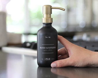 Black Glass Hand Sanitizer Bottle | Small Soap Dispenser with Black Custom Label and Gold Pump | Kitchen Dish Soap Bottle and Lotion Pump