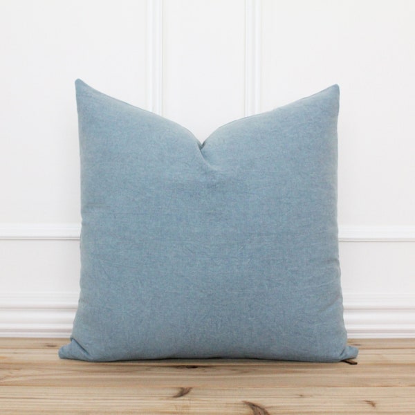 Sky Blue Pillow Cover • Distressed Cotton Pillow Cover • Lumbar Pillows • Custom Made Pillow Cover • Solid Blue Pillow Cover | Parker Sky