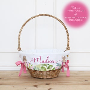 Personalized Girl Easter Basket Liner with Pink Ribbon and Font Custom Easter Basket Gift for Kids Easter Bunny Basket Keepsake Flopsy image 1