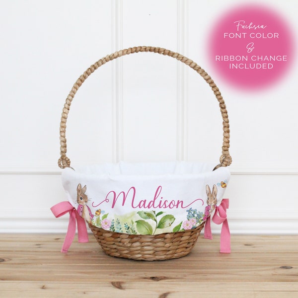Personalized Girl Easter Basket Liner with Pink Ribbon and Font • Custom Easter Basket Gift for Kids • Easter Bunny Basket Keepsake | Flopsy