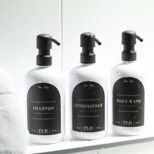 White Plastic Soap Bottle | Refillable Soap Dispenser with Black Label | Metal Hand Soap Pump | Reusable Shampoo and Conditioner Bottles
