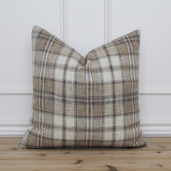 Brown Tan Plaid Pillow Cover | Fall Farmhouse Decorative Throw Cushion Case | 16x26 18x18 20x20 | Jasper