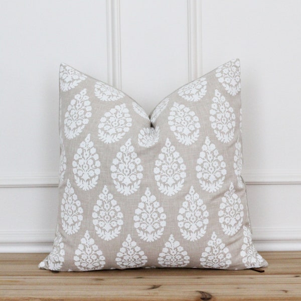 Tan and White Handblocked Pillow Cover | Floral Pillow Cover | Neutral Throw Pillow | Modern Farmhouse Cushion Cover | Chandra