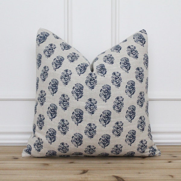 Navy Blue Hand Block Pillow Cover | Floral Pillow Cover | Hand Blocked Pillow Cover | Spring Pillow | Hand Block Cushion Cover || Mallory