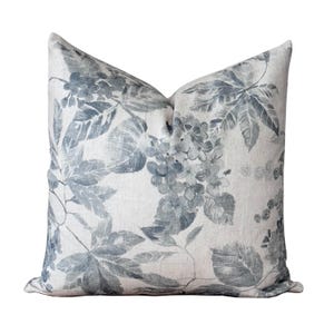 Blue Floral Pillow Cover | Floral Linen Pillow Cover | Blue Hydrangea Pillow | Beige and Blue Linen Accent Pillow Cover | Lolli