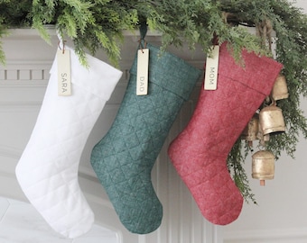 Personalized Quilted Christmas Stockings | Family Name Customized Christmas Stocking | Unique Xmas Stockings | Modern Festive Holiday Decor