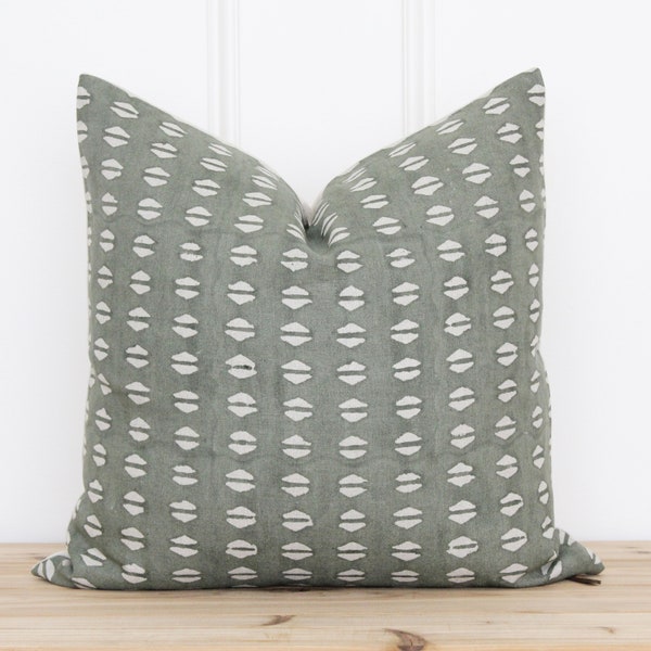 Olive Green Hand Block Pillow Cover | Indian Geometric Pillow Cover | Indian Block Printed Pillow Cover | 20 x 20 | 16 x 26 || Mo