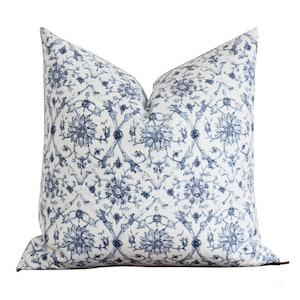 Blue and White Floral Pillow Cover | Floral Throw Pillow | Botanical | 20 x 20 Throw Pillow | Lumbar Pillow | Blue Floral Pattern | Diya