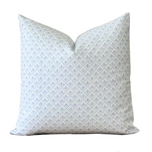 May include: A square decorative pillow with a white background and a repeating pattern of light blue floral shapes. The pillow has a soft, textured appearance and is designed for home decor.