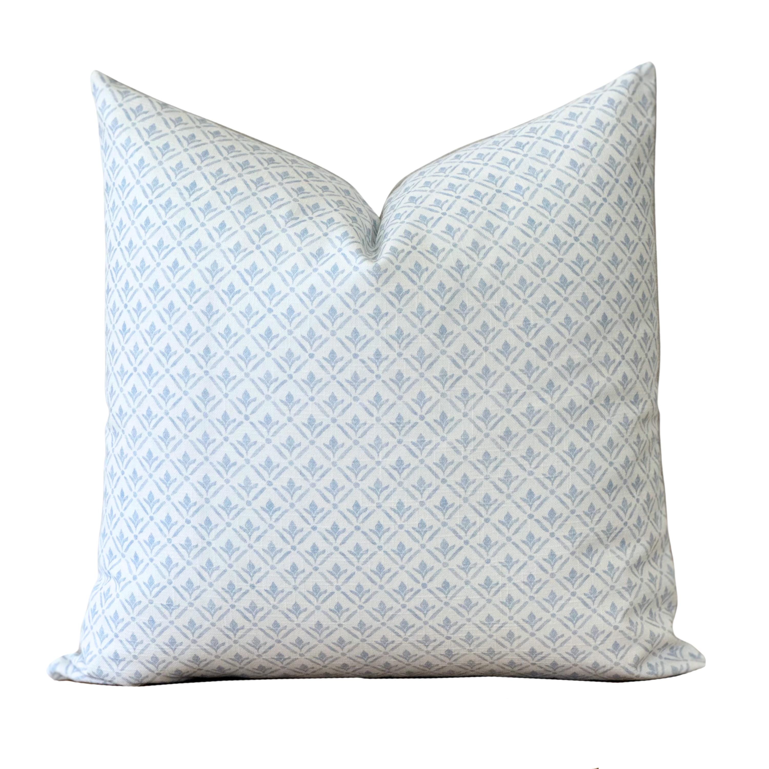 Blue and White Block Print Pillow Cover | Neutral Throw Pillow Covers | Botanical Print in Soft Blue Tones | Custom size Pillow Cover | Kira