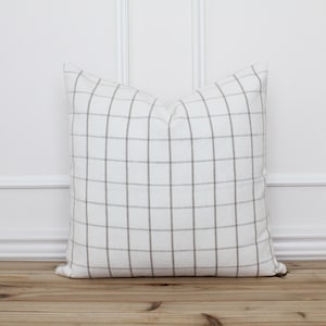White and Beige Windowpane Pillow Cover Greige Pillow Designer