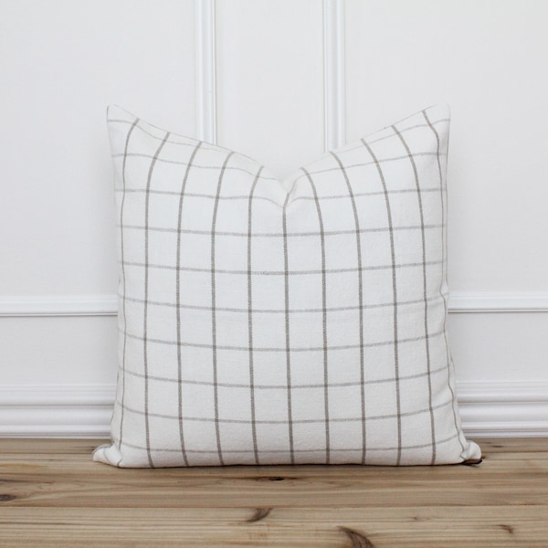 White and Beige Windowpane Pillow Cover • Greige Pillow • Designer Cushion Cover • Linen Throw Pillow Covers • Farmhouse Pillows | Brady
