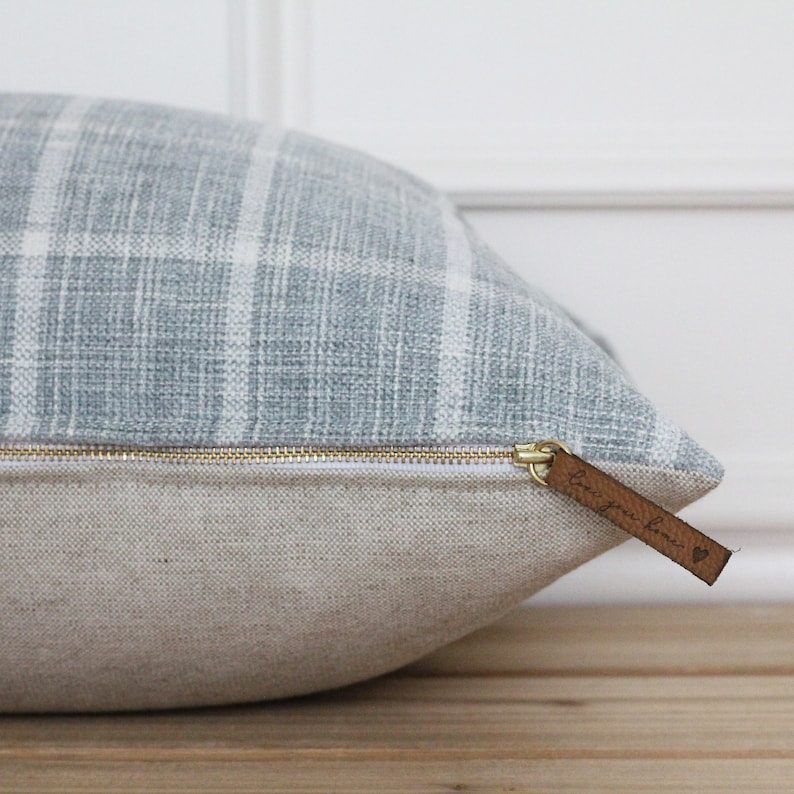 Blue Plaid Pillow Cover | Plaid Accent Pillow | Chenille Decorative Throw Pillow | Handmade Pillow Cover | Farmhouse Pillow Covers | Helen image 2
